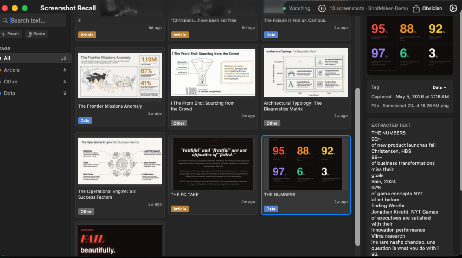 Screenshot Recall detail panel with extracted OCR text