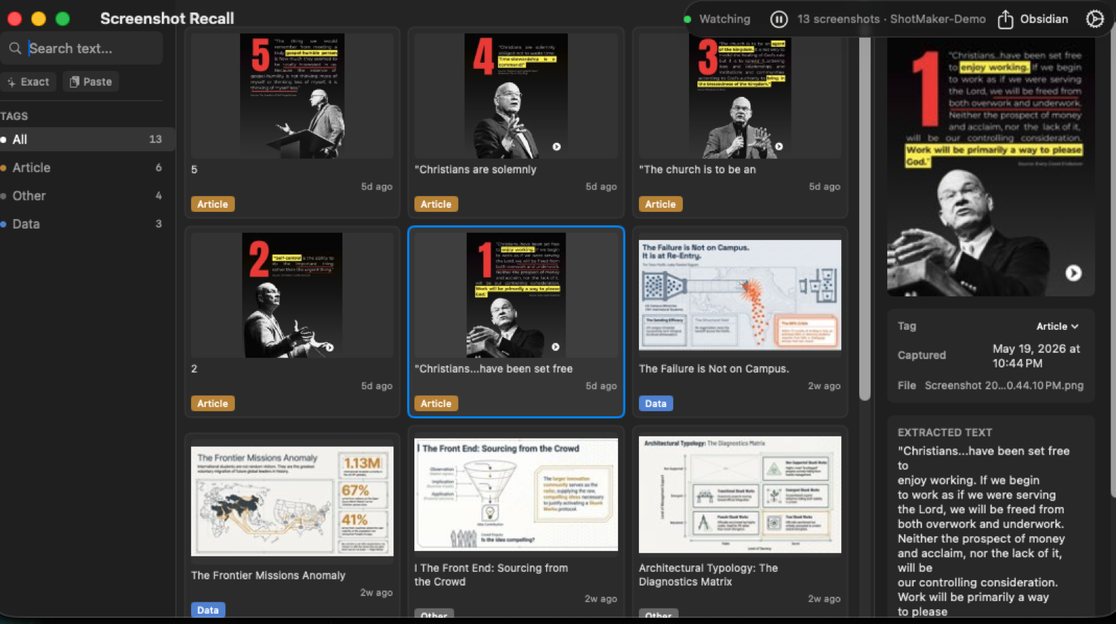 Screenshot Recall grid view with auto-tagged screenshots